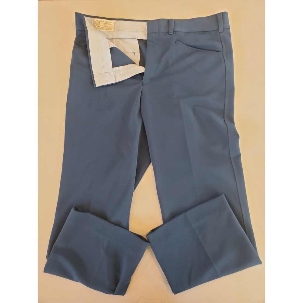 Vintage 70s Kings Road Double Knit Pants Mens 34 Short Blue Perma Prest Sears